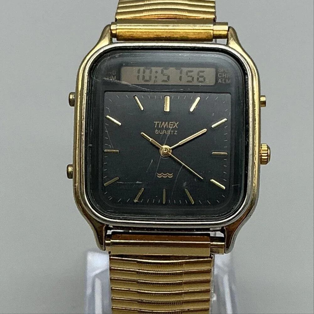 Vtg Timex Mens Watch 31mm Black Dial Gold Tone Ana Digi Alarm Chrono New Battery
